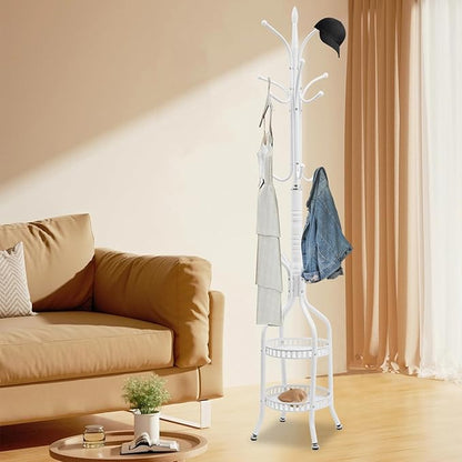 72.8in Coat Rack Freestanding 12 Hooks Coat Tree with Umbrella Holder Metal Modern Coat Hanger Stand for Entryway, Purse Rack Hat Rack Stand for Living Room Bedroom Office (White)