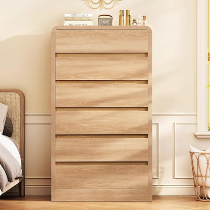 TEENFON Tall Dresser for Bedroom with 6 Drawers, 49.2" Tall Dressers & Chest of Drawers with Curved Profile Design, Wood Closet Storage Dressers Organizer for Bedroom, Living Room, Natural