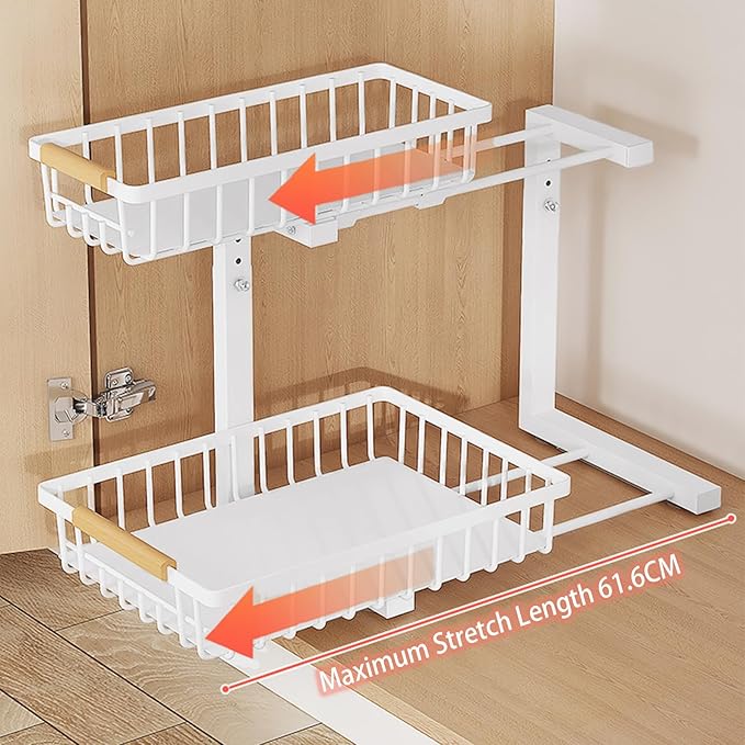 2 Pack 2 Tiers Pull Out Under Sink Organizers, Metal Kitchen Storage Shelf, Pull Out Under Sink Storage Rack, Multi-purpose Under Sink Shelf Organizer for Under Sink Cabinet Bathroom Kitchen (White)
