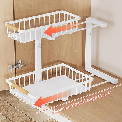 2 Pack 2 Tiers Pull Out Under Sink Organizers, Metal Kitchen Storage Shelf, Pull Out Under Sink Storage Rack, Multi-purpose Under Sink Shelf Organizer for Under Sink Cabinet Bathroom Kitchen (White)