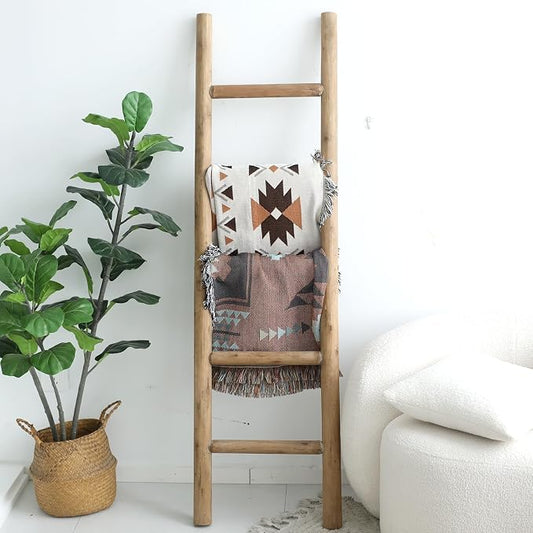 FUIN 57in Wood Blanket Ladder Living Room Decorative Wall Leaning Farmhouse Quilt Display Holder Rustic Wooden Towel Rack for Bathroom, Brown