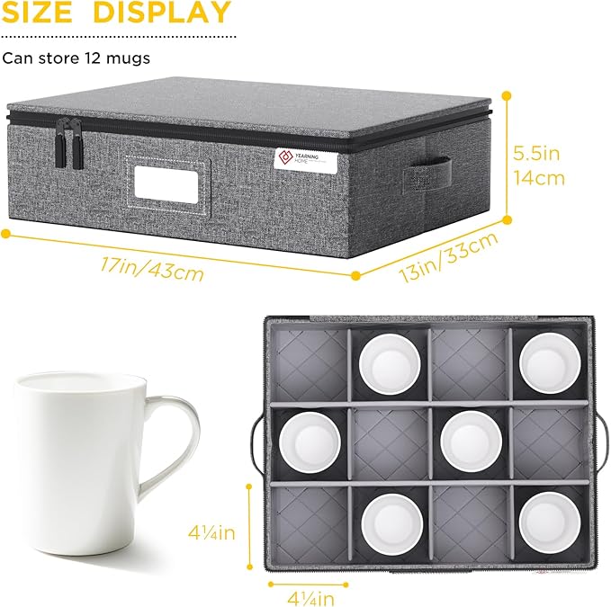 YearningHome Cup and Mug Storage Box with Hard Shell and Dividers for Coffee Mugs,Tea Cups and Glasses,Stackable Storage Organizers with Lid,Handles,Zips and Label for Moving,Holds 12,2 Pack, Grey