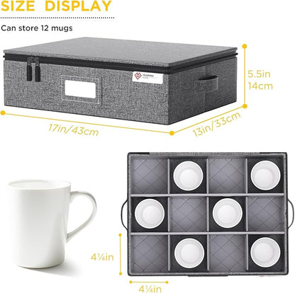 YearningHome Cup and Mug Storage Box with Hard Shell and Dividers for Coffee Mugs,Tea Cups and Glasses,Stackable Storage Organizers with Lid,Handles,Zips and Label for Moving,Holds 12,2 Pack, Grey