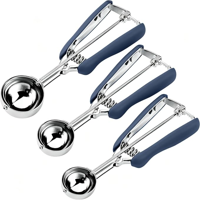 HOMURE H Cookie Scoop Set, Include 1 Tbsp/2 Tbsp/3 Tbsp, Cookie Dough Scoop, Cookie Scoops for Baking Set of 3, Mellon Baller Scoop, Dusty Blue, Non-Slip, For Cookies Cupcake Muffin Ice Cream Meatball