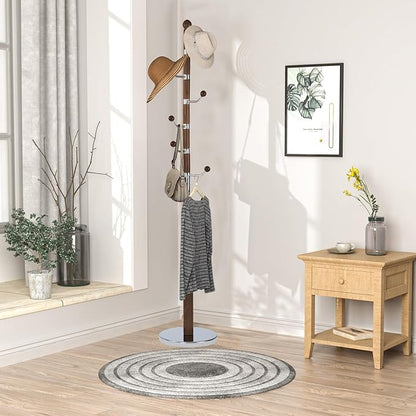 Wooden Coat rack freestanding, Coat racks stand with 6 Hook, Heavy duty coat tree standing Adjustable Heights for Bedroom, Entryway, Hallway, Office, Metal Base (Walnut)