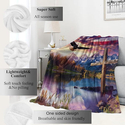 Spirit of Freedom Majestic Eagle Blanket,American Flag Cross Patriotic Throw Blankets,Gifts for Adults,Lightweight Soft Fleece,for Sofa Couch Bed Room Travel,Birthday Christian Decor,60x80in