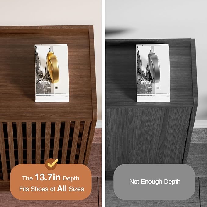 Large Shoe Cabinet with Grille Doors, 6 Tier Wooden Shoe Storage Cabinet with Adjustable Shelves, Mid-Century Freestanding Shoe Organizer Cabinet for Entryway, Hallway, Walnut