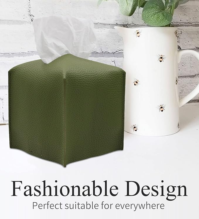 Livelab Tissue Box Cover, Square Decorative PU Leather Tissue Box Holder Modern Tissue Case Facial Paper Organizer Dispenser for Bathroom, Vanity Countertop, Night Stands, Desk 5X5X5'' | Olive Green