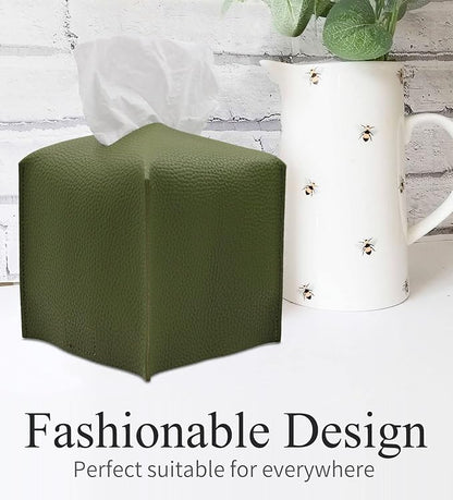 Livelab Tissue Box Cover, Square Decorative PU Leather Tissue Box Holder Modern Tissue Case Facial Paper Organizer Dispenser for Bathroom, Vanity Countertop, Night Stands, Desk 5X5X5'' | Olive Green