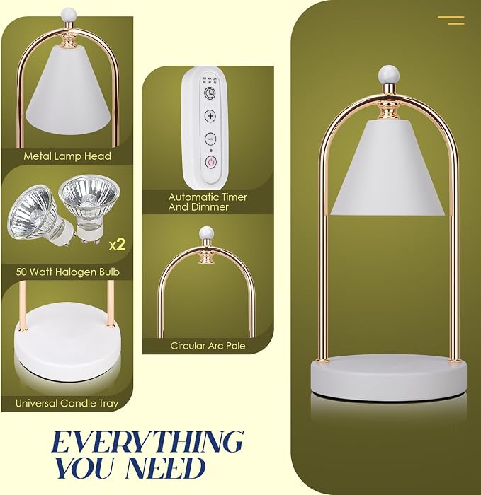 Candle Warmer Lamp With Timer, Electric White Light for Bedroom, Dimmable Wax Melts Warmer for Jars, Beside Lamp Gifts for Women Home Decor (2 Bulbs Included)