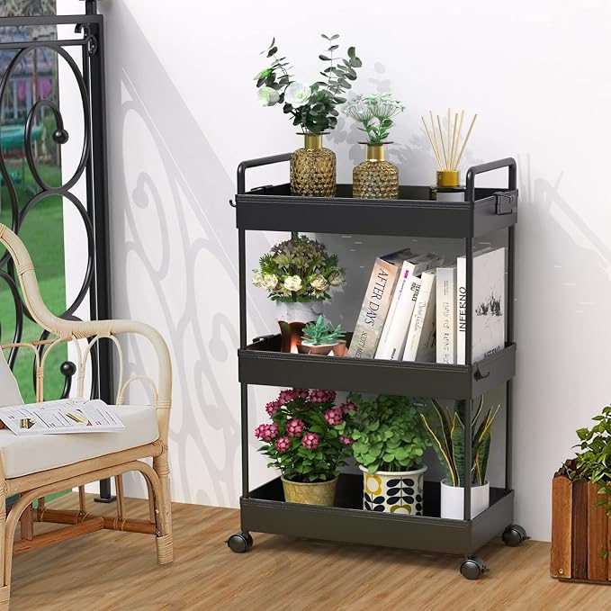 SOLEJAZZ 3 Tier Rolling Storage Cart with Wheels Slim Craft Nail Makeup Snack Art Baby Utility Cart Organizer on 2 Lockable Wheels for Bathroom Laundry Room Kitchen Bedside Narrow Spaces, Black