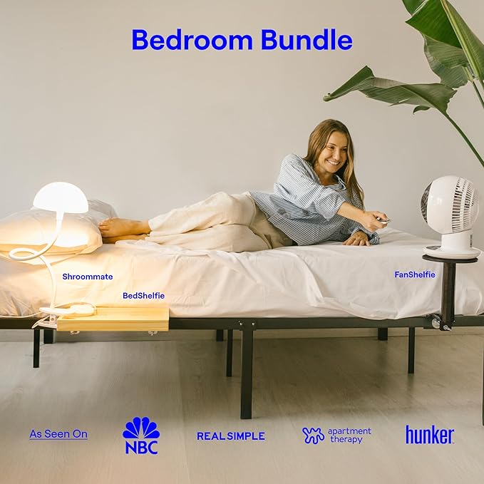 BedShelfie Black 4-Pack, Shroommate, FanShelfie, WallShelfie - Bedside Shelf with WallShelfie Wall-Mount Organizer and Shroommate Clip On Light and Fanshelfie Fan Holder - Bunk Bed