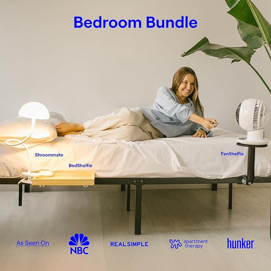 BedShelfie Black 4-Pack, Shroommate, FanShelfie, WallShelfie - Bedside Shelf with WallShelfie Wall-Mount Organizer and Shroommate Clip On Light and Fanshelfie Fan Holder - Bunk Bed