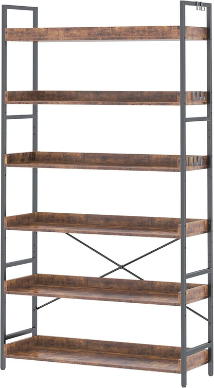 HCHQHS Bookshelf, Adjustable Industrial Bookcase, Vertical Tall Book Shelf, Wood and Black Metal Open Bookshelves for Home Office, Living Room, Bedroom (Rustic Brown, 6-Tier (31" W x 70" H))