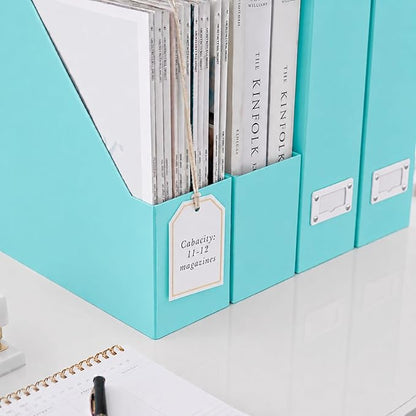 BLU MONACO Set of 6 Aqua Magazine File Holders | Foldable Magazine Storage Boxes with White Leather Label Holders | Vertical File Organizer for Desk, Shelves & Home Office
