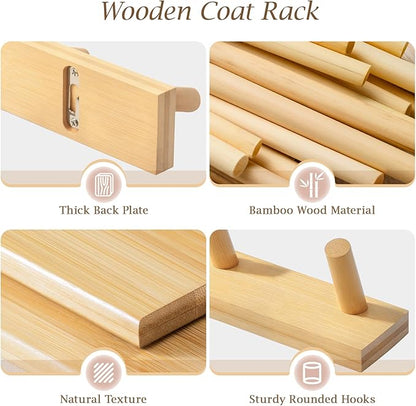 Coat Rack Wall Mount, Wooden Coat Hanger with 5 Hooks, Heavy Duty, Natural, 2 Pcs