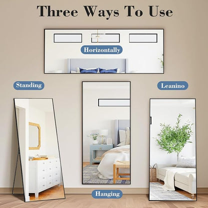 NEWBULIG Mirror Full Length, 58"x19" Body Wall Mirrors with Shatter-Proof Glass, Upgraded Floor Standing Mirror, Hanging or Leaning, with Stand Aluminum Alloy Frame for Home Decor, Bedroom, Black