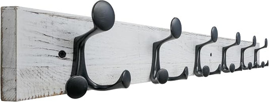 SKOLOO 36-Inch Wood Coat Rack Wall Mount with 6 Triple Hooks - Ideal for Family Entrances, Classrooms, and Pet Supplies Storage - Distressed White Wash