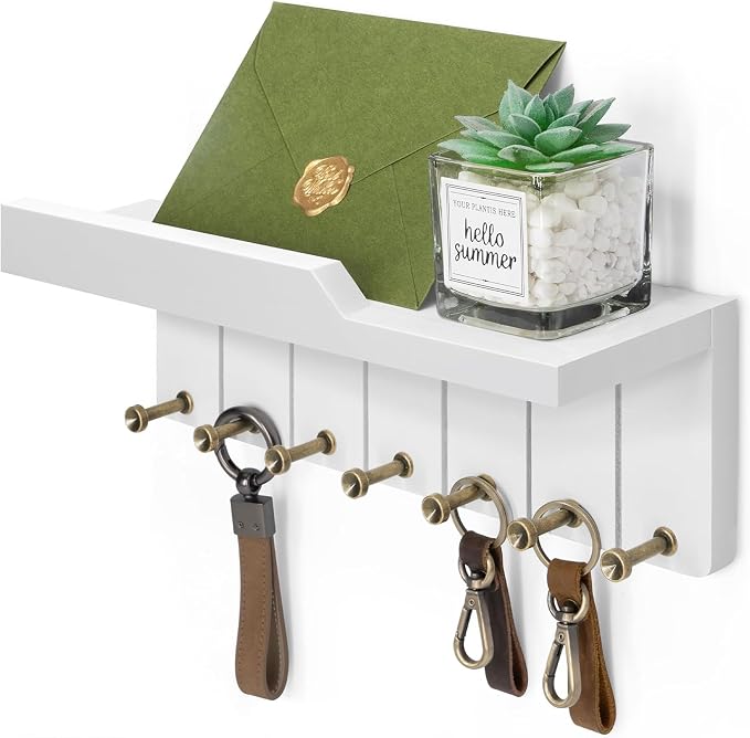 Rebee Vision Decorative Key Holder Wall Mount - Key and Mail Holder for Wall with 7 Hooks and Shelf Organizer for Room Decor - Ideal Apartment Essentials for Aesthetic Room Decor (Modern White)