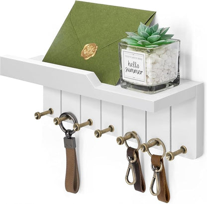Rebee Vision Decorative Key Holder Wall Mount - Key and Mail Holder for Wall with 7 Hooks and Shelf Organizer for Room Decor - Ideal Apartment Essentials for Aesthetic Room Decor (Modern White)