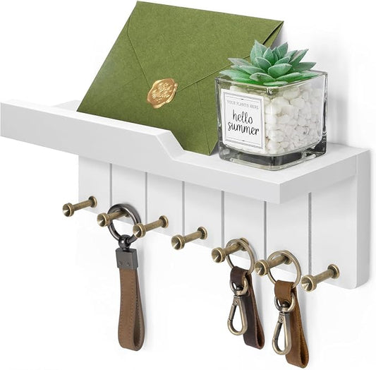 Rebee Vision Decorative Key Holder Wall Mount - Key and Mail Holder for Wall with 7 Hooks and Shelf Organizer for Room Decor - Ideal Apartment Essentials for Aesthetic Room Decor (Modern White)