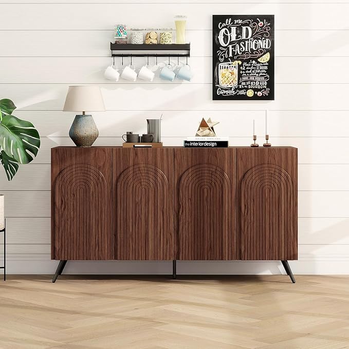 59" Accent Storage Cabinet with 4 Doors, Modern Decorative Cabinet with 3D Carved Door, Sideboard Buffet Cabinets with Adjustable Shelves, Credenza for Living Room, Entryway, Kitchen, Walnut