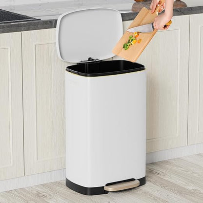 KdbK 13 Gallon Trash Can with Lid, 50L Fingerprint Proof Stainless Steel Kitchen Trash Can with Removable Inner Bucket and Lid Soft Close, Pedal Rubbish Bin for Home Office, White