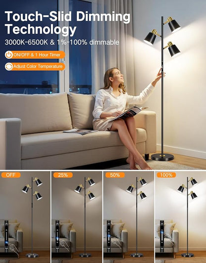 OUTON LED Tree Floor Lamp, Modern Dimmable Standing Lamp with Remote & Touch Control, 4 Color Temperatures, 3 Rotatable Lights Floor Lamps for Living Room, Bedroom, Office, Black & Gold