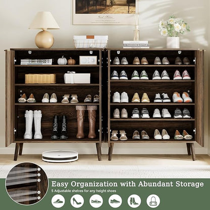 Fluted Shoe Cabinet with Doors 2 Pcs, 5-Tier Shoe Storage Cabinet for Entryway Slim, Wooden Hidden Shoe Organizer Cabinet with Adjustable Shelves and Solid Legs for Hallway, Walnut