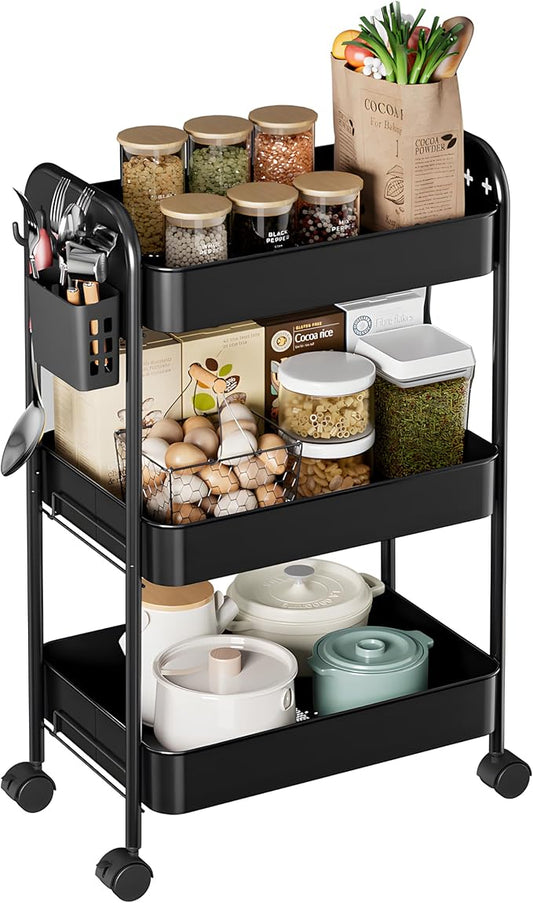 Heavy-Duty Rolling Cart 3 Tier Metal Utility Storage Cart with Casters, Hanging Cups, Hooks, Book Snack Craft Mesh Rolling Storage Organizer for Kitchen Office