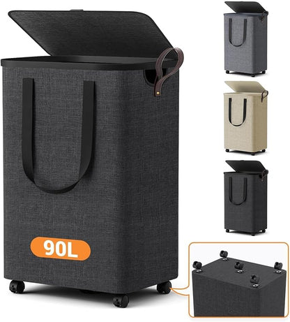 Laundry Basket with 5 Wheels, Tall Dirty Laundry Hamper, Rolling Laundry Basket with Lid, Large 90L Collapsible Clothes Hamper for Laundry Room Bedroom Bathroom Dorm, Deep Gray