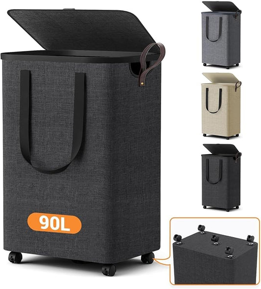 Laundry Basket with 5 Wheels, Tall Dirty Laundry Hamper, Rolling Laundry Basket with Lid, Large 90L Collapsible Clothes Hamper for Laundry Room Bedroom Bathroom Dorm, Deep Gray