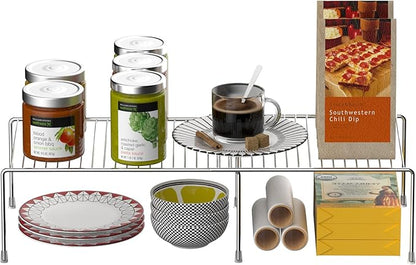 Kitchen Cabinet Expandable Shelf Organizers Set of 2, Adjustable Metal Wire Pantry Storage Shelves, Plate Dish Organizer Rack for Cabinets, Cupboard, Counter, Freezer, Countertop, Chrome