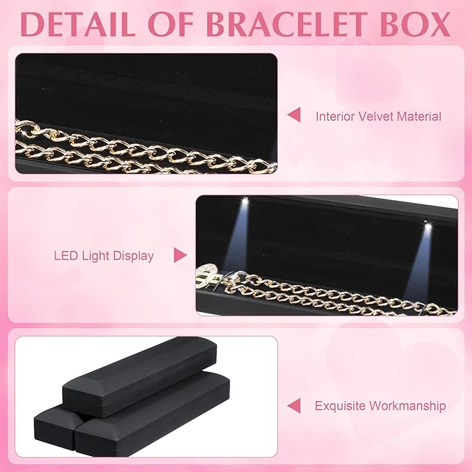 Yinkin 12 Pcs Black Velvet Jewelry Boxes LED Light Display Ring Necklace Bracelet Chain Gift Box Bulk Wedding Proposal Anniversary (Long Chain Box,Rectangular)
