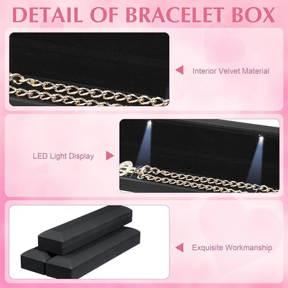 Yinkin 12 Pcs Black Velvet Jewelry Boxes LED Light Display Ring Necklace Bracelet Chain Gift Box Bulk Wedding Proposal Anniversary (Long Chain Box,Rectangular)