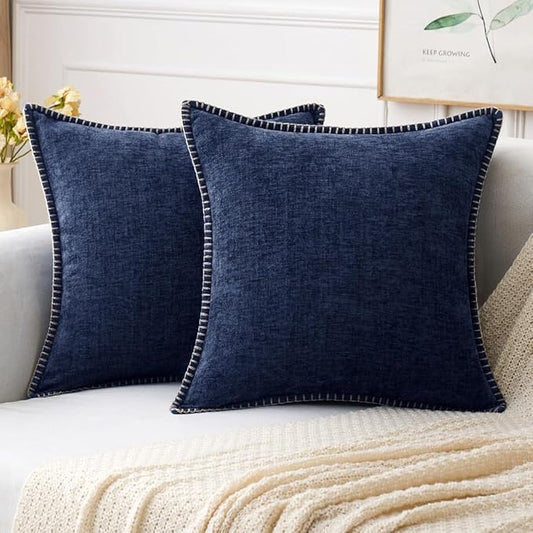 MIULEE Pack of 2 Couch Throw Pillow Covers 18x18 Inch Navy Blue Farmhouse Decorative Pillow Covers with Stitched Edge Soft Chenille Solid Dyed Pillow Covers for Sofa Bed Living Room