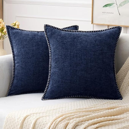 MIULEE Pack of 2 Couch Throw Pillow Covers 16x16 Inch Navy Blue Farmhouse Decorative Pillow Covers with Stitched Edge Soft Chenille Solid Dyed Pillow Covers for Sofa Bed Living Room