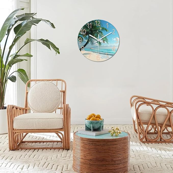 XFM Beach Wall Clock Silent Non-Ticking Battery Operated Clocks 12 Inch Blue Ocean Tropical Palm Tree Wall Clock Decorative for Living Room Kitchen Bedroom Office