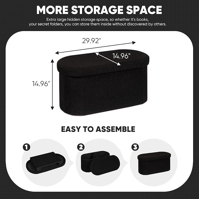 B FSOBEIIALEO Ottoman with Storage for Living Room, Sherpa Folding Storage Ottoman Foot Rest, 30 Inches Collapsible Bedroom Bench Black