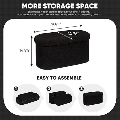 B FSOBEIIALEO Ottoman with Storage for Living Room, Sherpa Folding Storage Ottoman Foot Rest, 30 Inches Collapsible Bedroom Bench Black