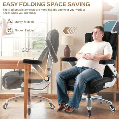 600LBS Large Fabric Heavy Duty Office Chair with 5D Flip Arms, Comfy Big and Tall Office Chair with Pocket Spring Cushion, Large High Back Computer Desk Chair with Adjustable Lumbar Support