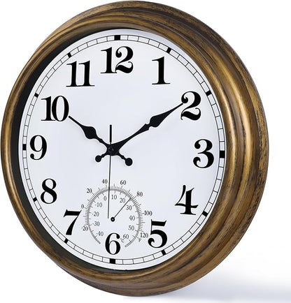 16 Inch Large Outdoor Clock, Retro Waterproof Indoor/Outdoor Clock Non-Ticking Clock with Thermometer, Battery Operated Wall Clock for Patio, Garden, Pool - Bronze