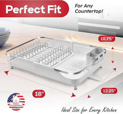 Better Houseware Expandable Dish Drying Rack - Space-Saving Stainless Steel Dish Racks for Kitchen Counter with drainboard and Detachable Cutlery Holder, Large, White