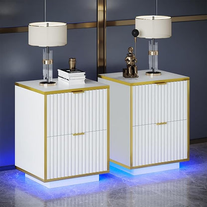 4ever2buy White and Gold Nightstand Set of 2, Modern Bedside Table with LED Lights, End Table for Bedroom Living Room