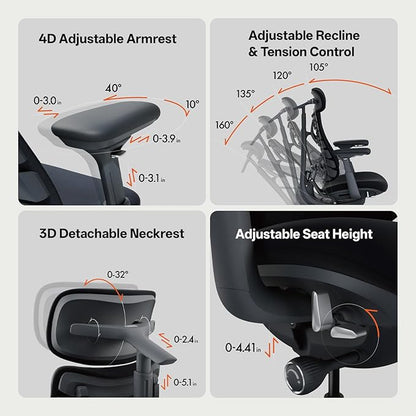 LiberNovo Dynamic Ergonomic Office Chair - Comfy Adjustable Desk Chair with Adaptive Lumbar Support, 160° Recline & Built-in Spine Stretch for Back Comfort, Home Office Long Hours Use, Black+48cm