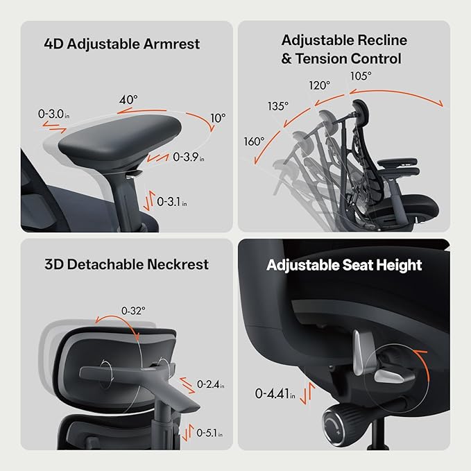 LiberNovo Dynamic Ergonomic Office Chair - Comfy Adjustable Desk Chair with Adaptive Lumbar Support, 160° Recline & Built-in Spine Stretch for Back Comfort, Home Office Long Hours Use, Gray+45cm