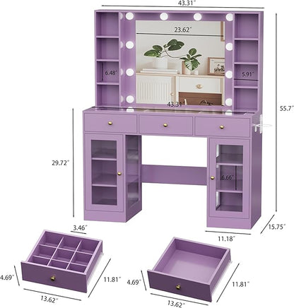 Purple Vanity Desk with Mirror and Lights, Glass Top Vanity with Lighted Mirror & RGB Glass Cabinet and 3 Drawers, Makeup Desk with Lights Dressing Table for Bedroom, 3 Color Modes
