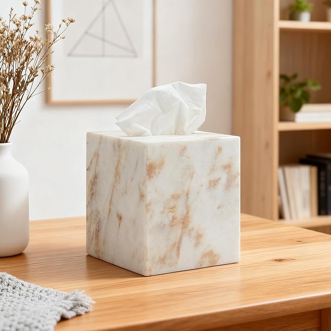 Marble Tissue Box Cover for Bathroom, White with Gold Texture Marble Facial Tissue Holder, Rectangular Toilet Paper Holder Case, Elegant Home Decorative for Vanity, Bedroom, Living Room, Office