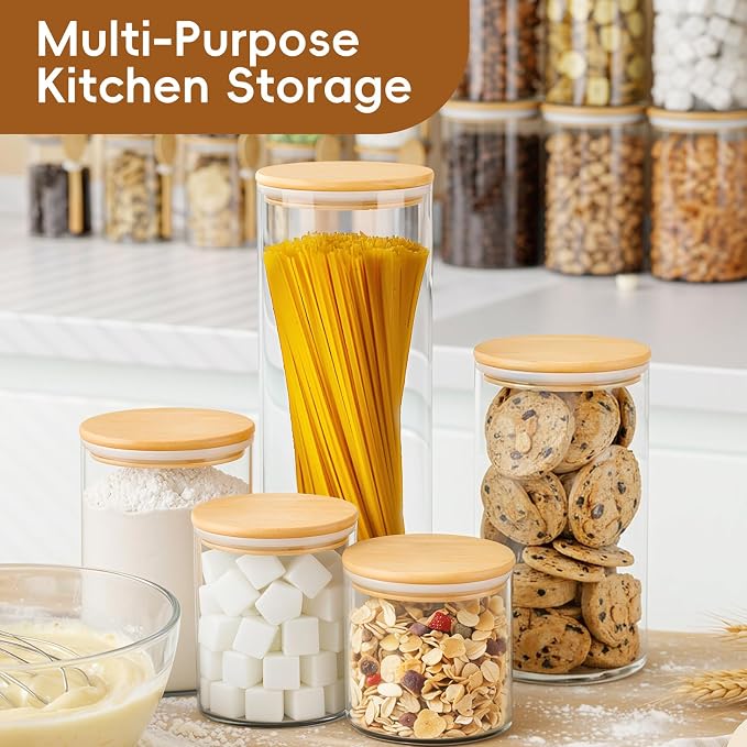 Airtight Glass Food Storage Containers with Lids,5-Pack Pantry Storage Canisters Set,19/26/33/45/68 Ounces Kitchen Jars for Flour,Sugar,Salt,Coffee Beans,Cereal,Spice,Creamer & Overnight Oats