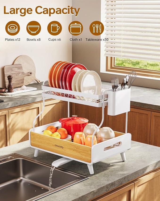 Urackify 2-Tier Dish Drying Rack, Large Stainless Steel & Bamboo Dish Rack for Kitchen Counter, Dish Drainers with Adjustable Automatic Spout, Drying Rack Kitchen with Utensil Holder, White